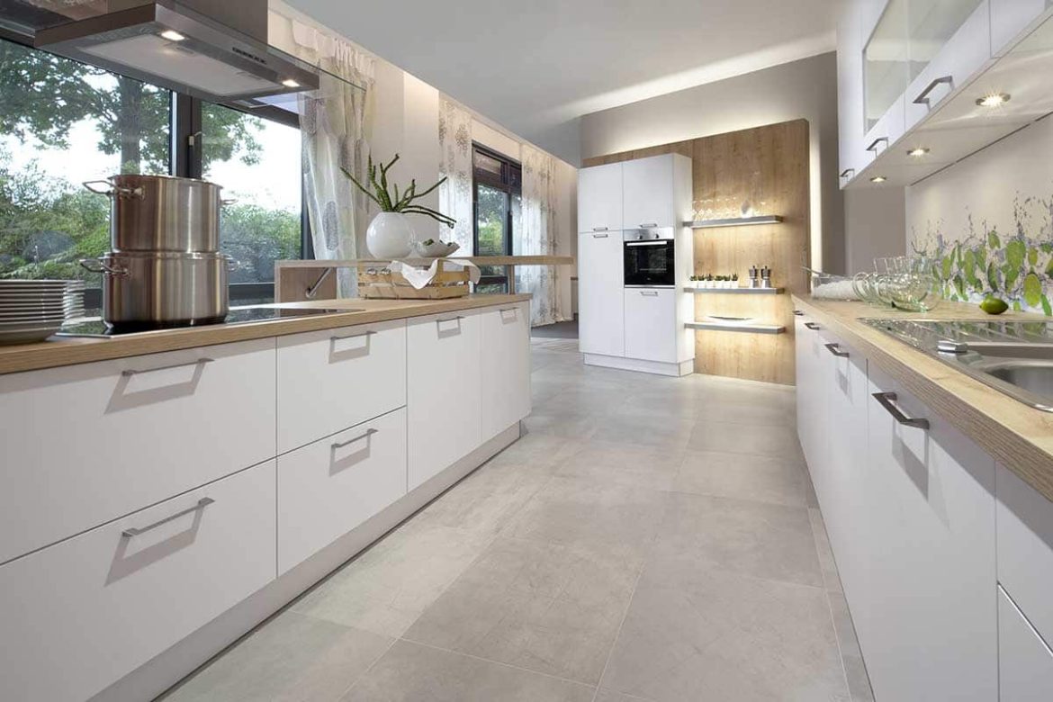 Very large white matt floor tiles for small kitchen