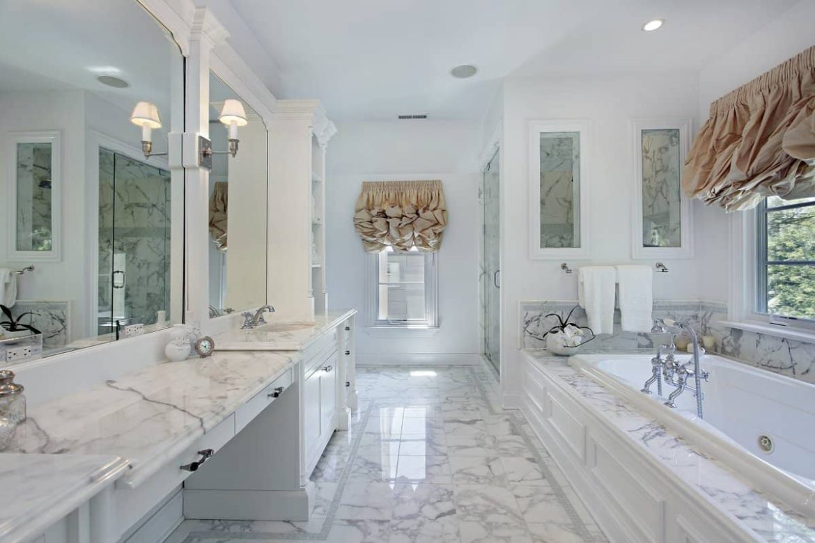 Marble penny tile bathroom floor