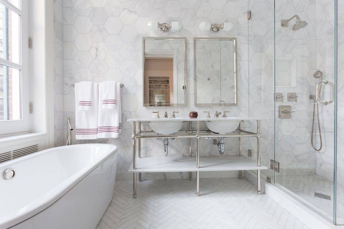  Marble penny tile bathroom floor 