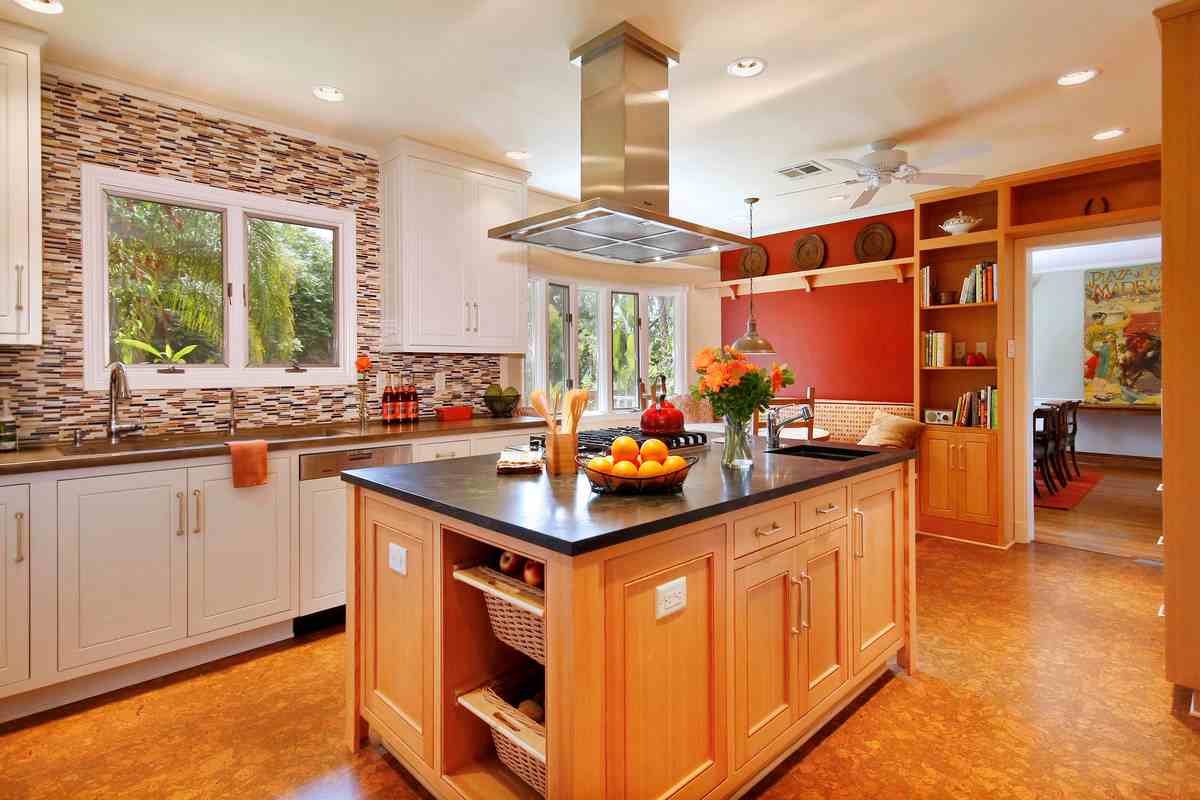  kitchen island tiles texture matched with wall and floor 