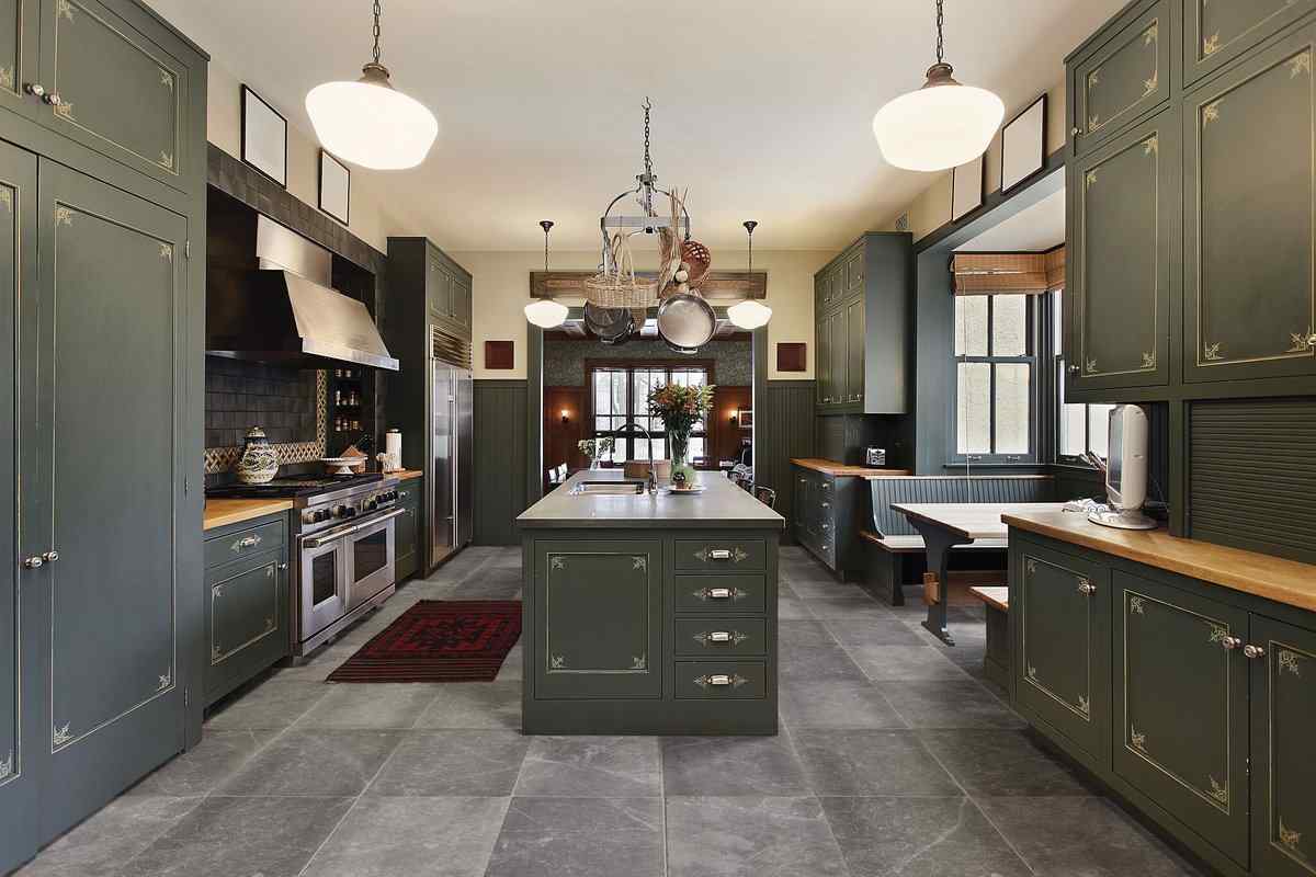  kitchen island tiles texture matched with wall and floor 